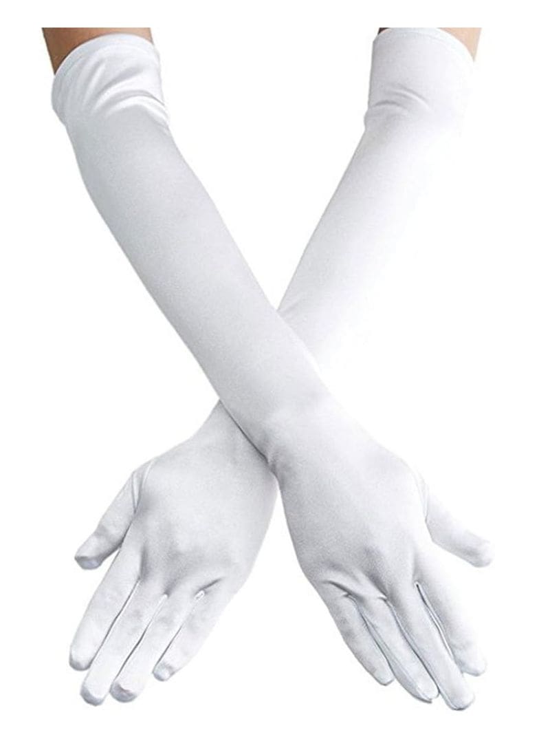 A pair of white gloves with long sleeves.