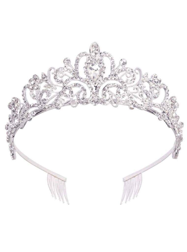 A tiara with a crown of diamonds on it's side.