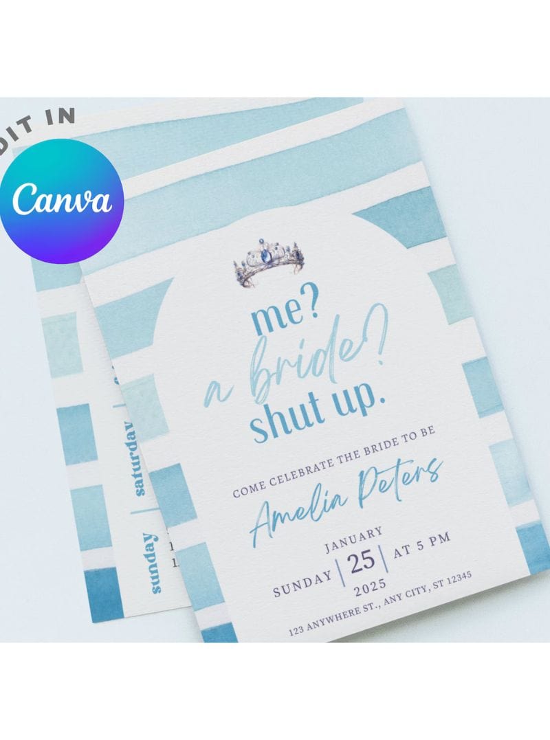 A blue and white party invitation with stripes