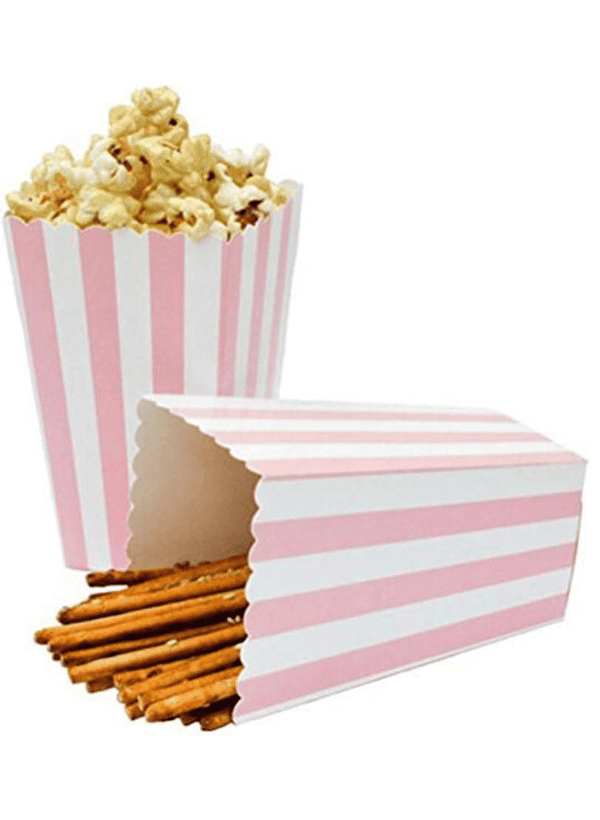 A pink and white striped popcorn box with pretzels in it.