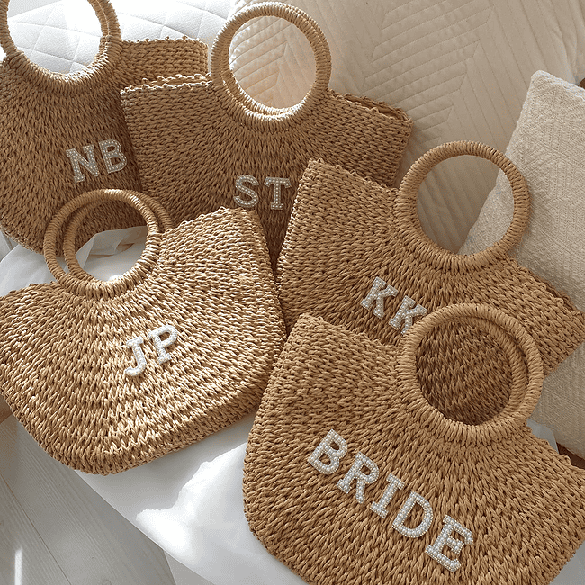 A Group Of Six Bags With The Letters Bride And Initials.