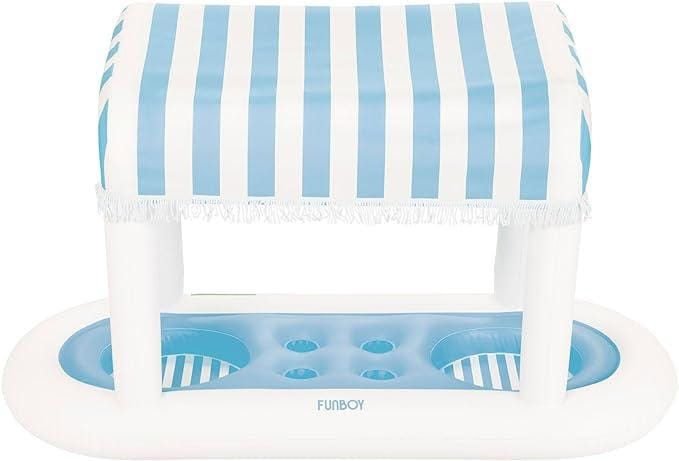 A blue and white striped awning with two ice cubes inside.