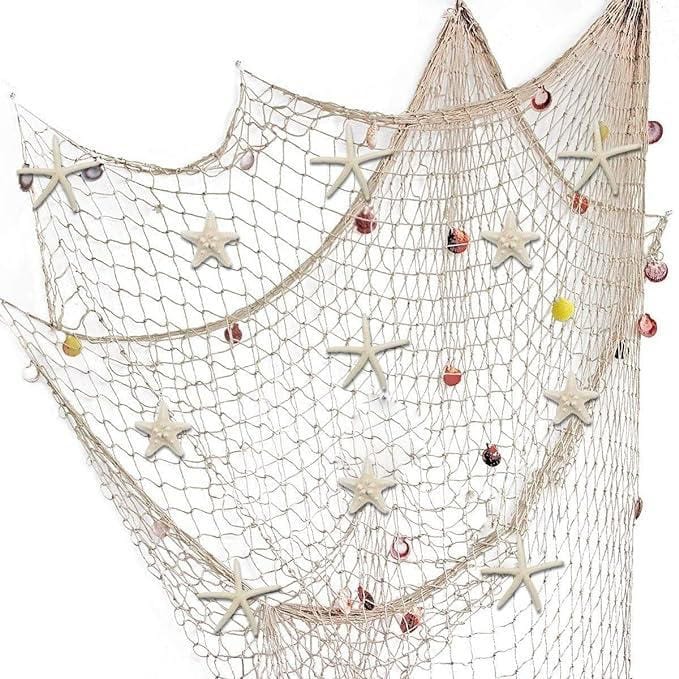 A white net with shells and starfish on it.