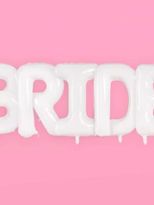 A pink background with white balloons that say bride.