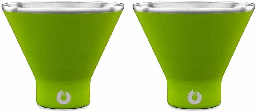 Two green cups with a silver rim on top of each other.