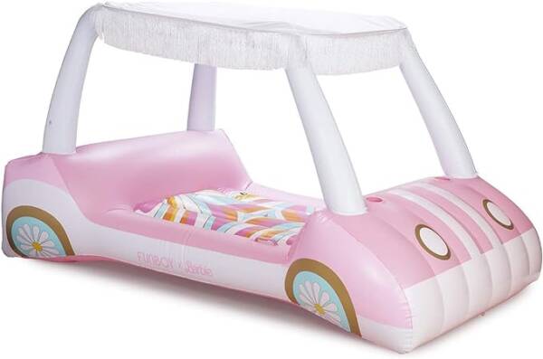 A pink car shaped pool float with a canopy.