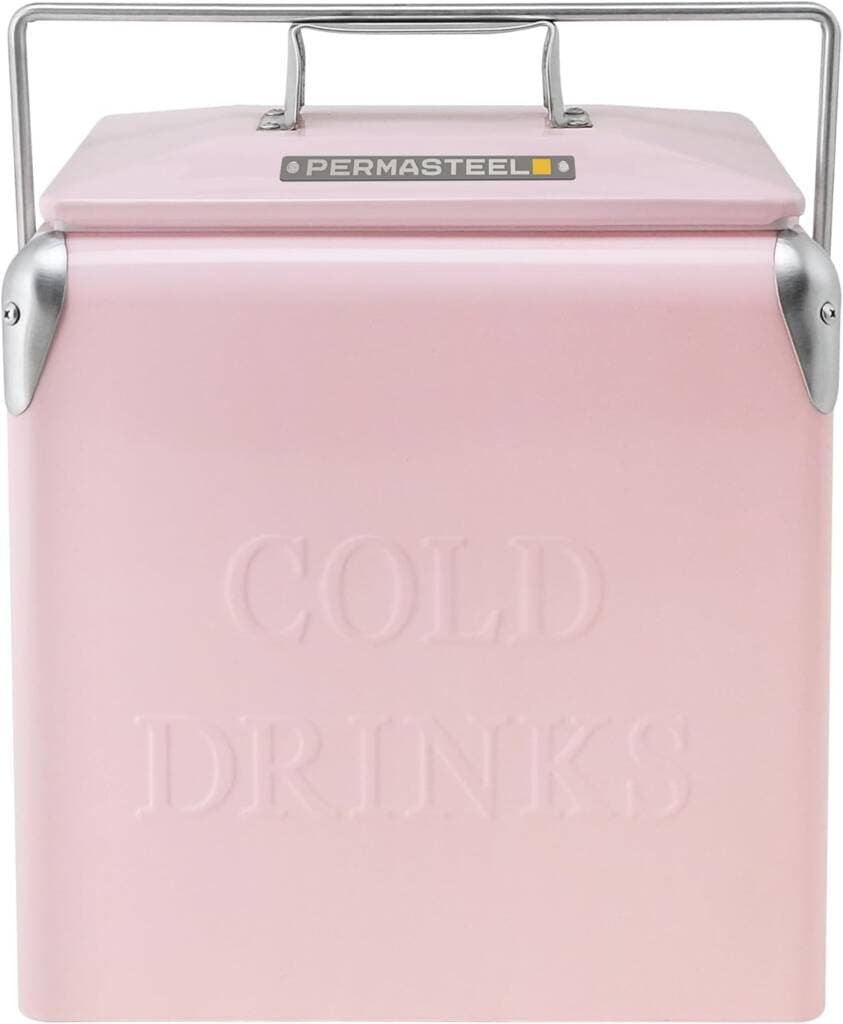 A pink cooler with handles and the words " cold dresser ".