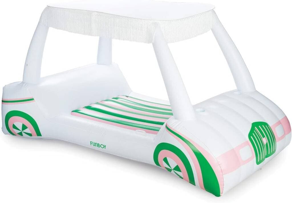 A white and green inflatable car with pink stripes.