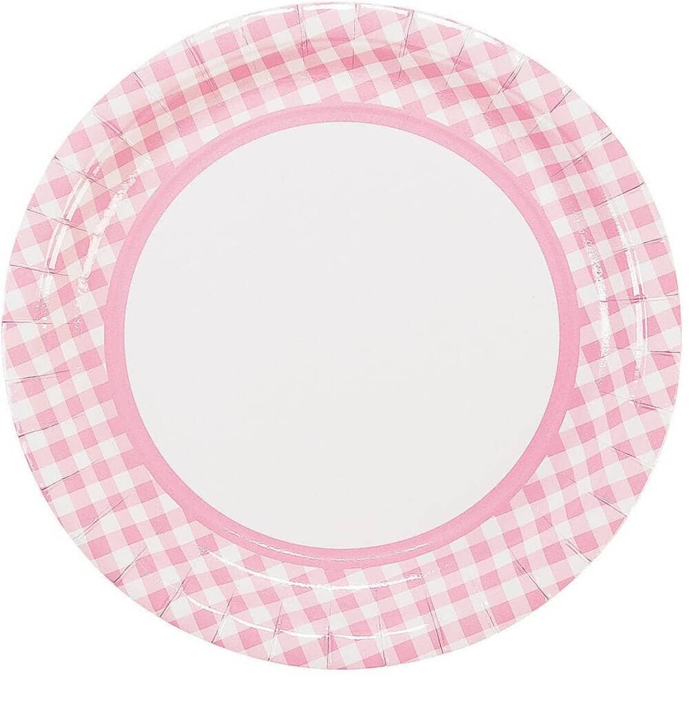 A pink and white plate with a checkered pattern.