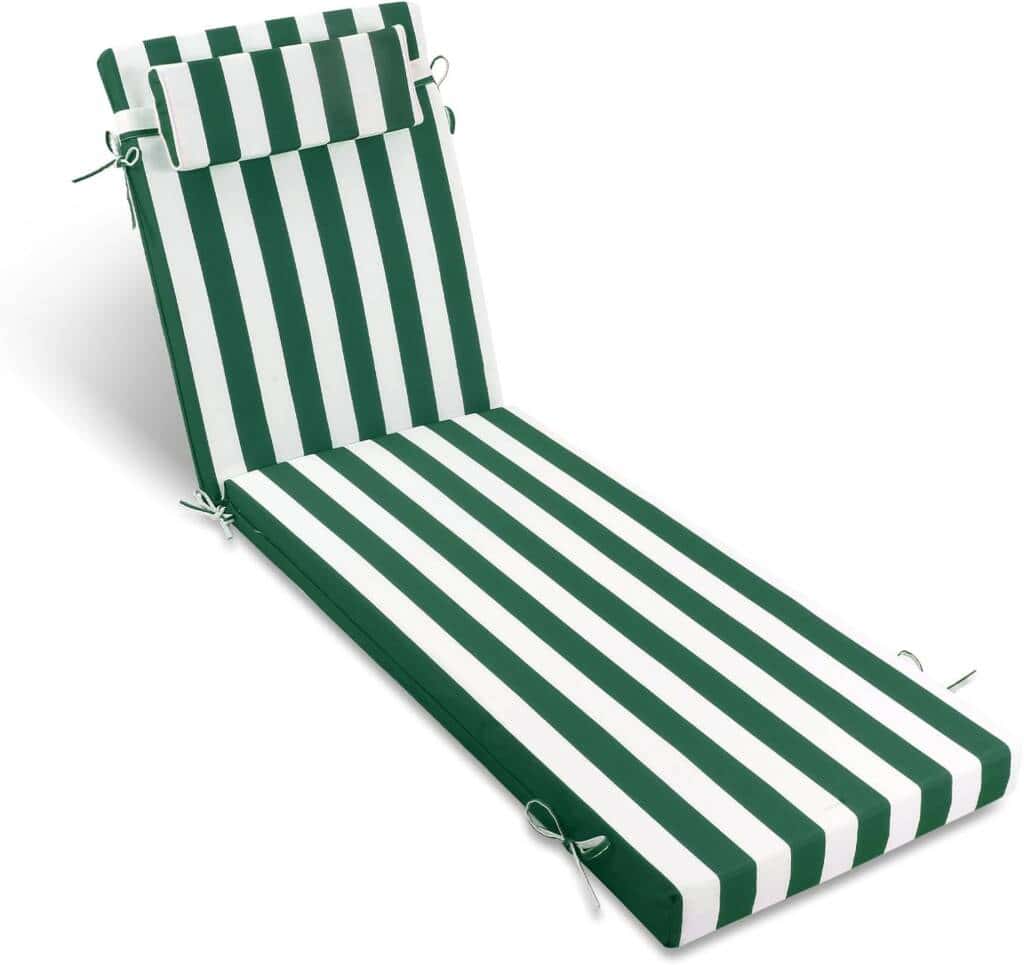 A green and white striped chair with a pillow.