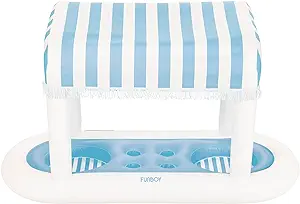 A blue and white striped inflatable cooler