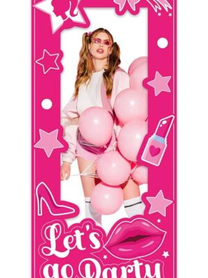 A girl with balloons and lipstick on her face.