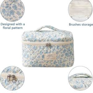 A blue and white floral pattern bag with different features.