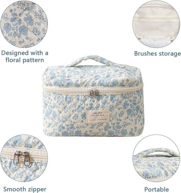 A Blue And White Floral Pattern Bag With Different Features.