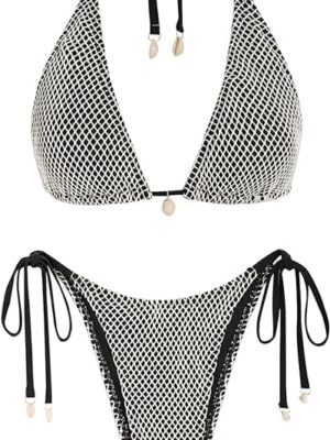 A black and white bikini top and bottom.