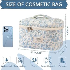 A cosmetic bag is shown with the size of it.