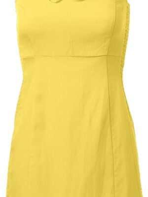 A yellow dress is shown on a white background.