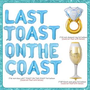 A blue and white poster with balloons that say " last toast on the coast ".