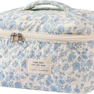 A blue and white floral pattern bag with handles.