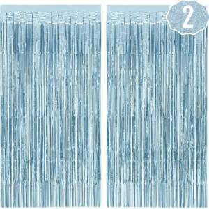 A pair of blue curtains with a number two on the bottom.