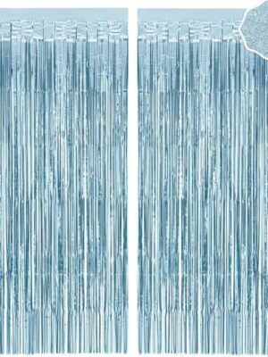 A pair of blue curtains with a number two on the bottom.