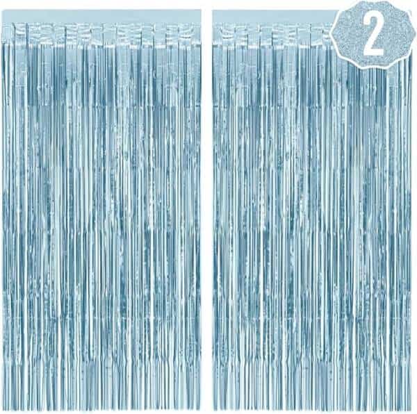 A pair of blue curtains with a number two on the bottom.