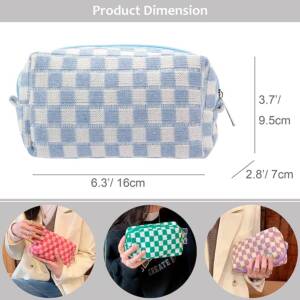 A blue and white checkered bag is shown in different sizes.