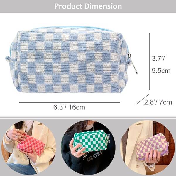 A Blue And White Checkered Bag Is Shown In Different Sizes.