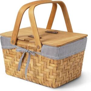 A basket with handles and a lid.