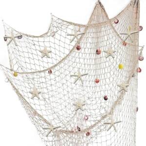 A white net with shells and starfish on it.
