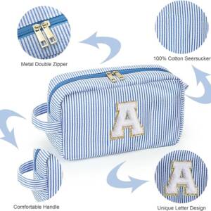 A blue striped bag with the letter a on it.