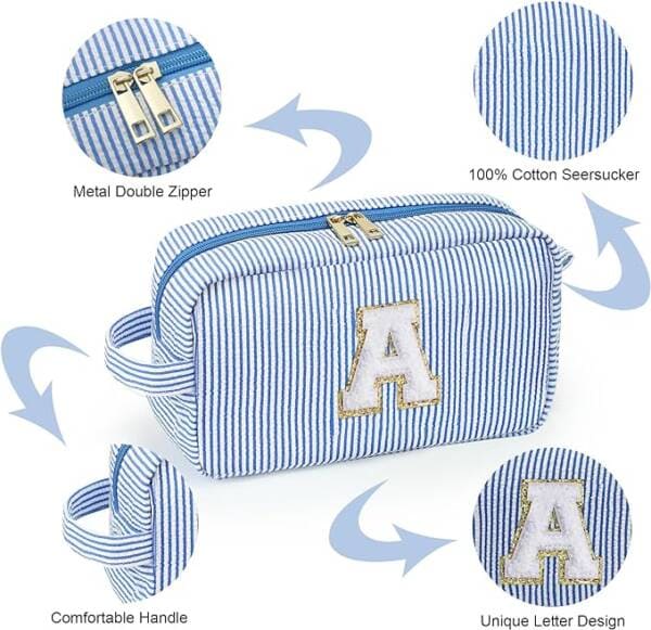 A Blue Striped Bag With The Letter A On It.