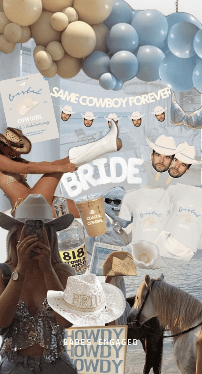 A collage of various images including horses, cowboy hats and a bride.