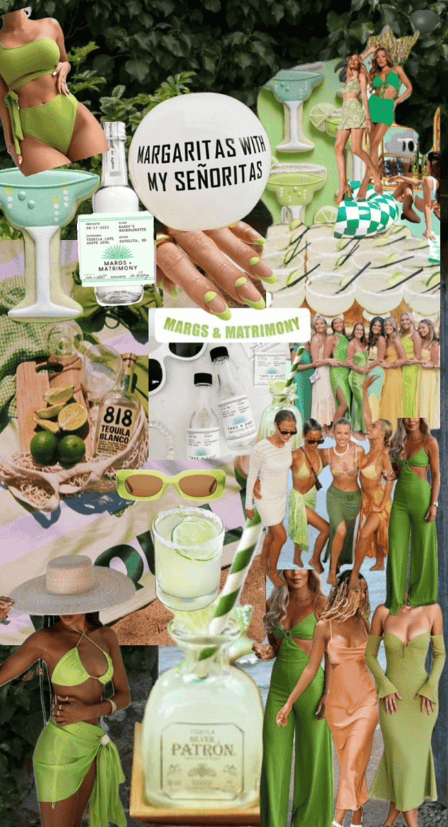 A collage of women in bikinis and green bathing suits.