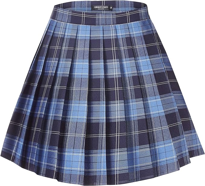 A pleated skirt with blue and black plaid.