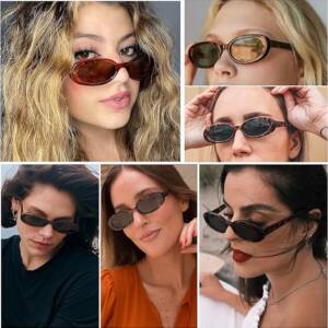 A collage of women wearing sunglasses with different colors.