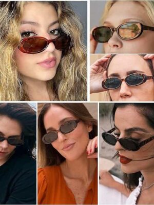A collage of women wearing sunglasses with different colors.