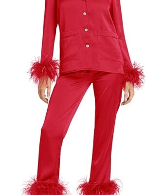 A woman in red suit standing on one leg.