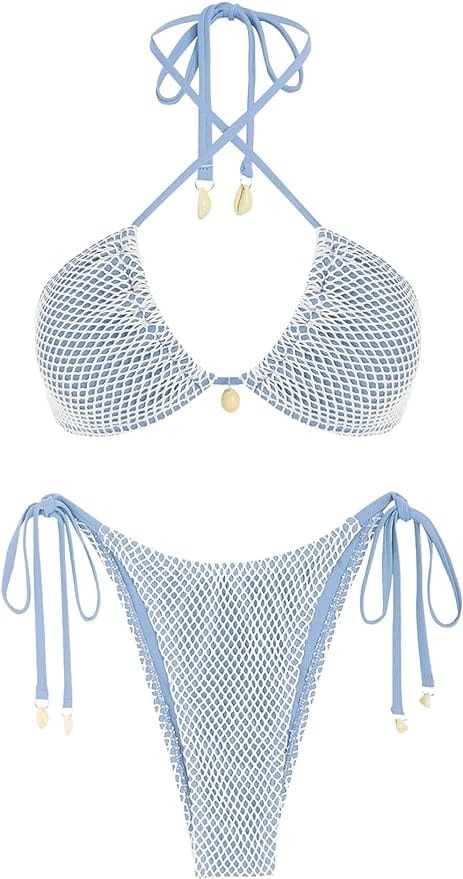 A blue and white bikini with a gold button