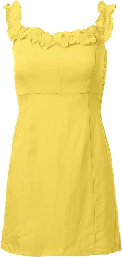 A yellow dress is shown on a white background.