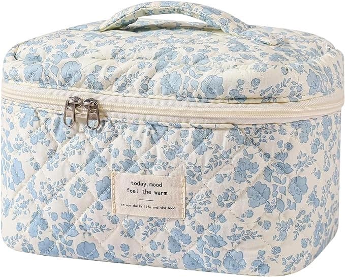 A blue and white floral pattern bag with a handle.