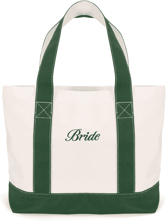 A white and green bag with the word bride written on it.