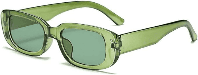 A pair of green sunglasses with tinted lenses.
