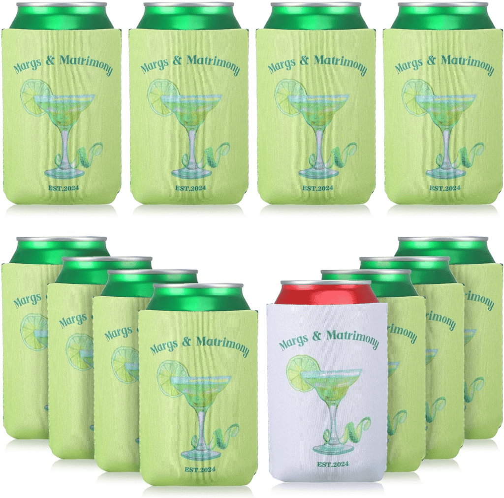 A set of 1 2 lime green and white can coolers.