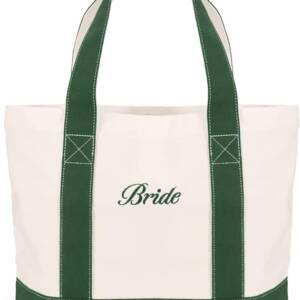 A bride tote bag with green handles and bottom.