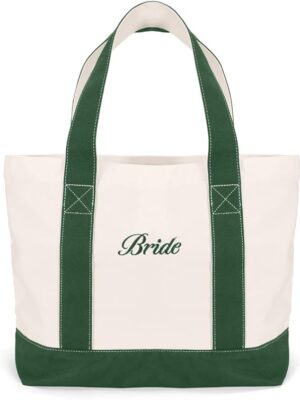 A bride tote bag with green handles and bottom.