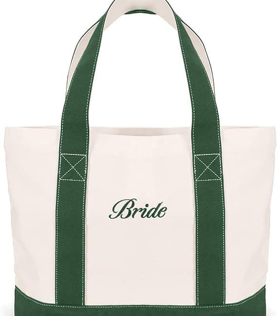 A bride tote bag with green handles and bottom.