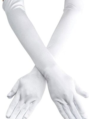 A pair of white gloves with long sleeves.
