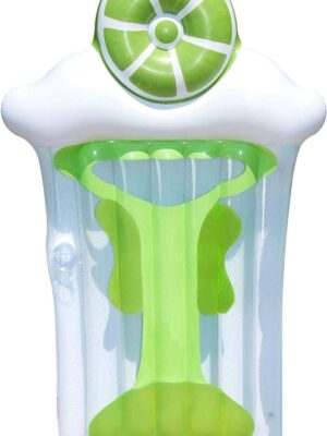 A green and white toothbrush holder with toothpaste on it.