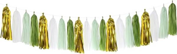 A string of green and gold tassels hanging from the ceiling.